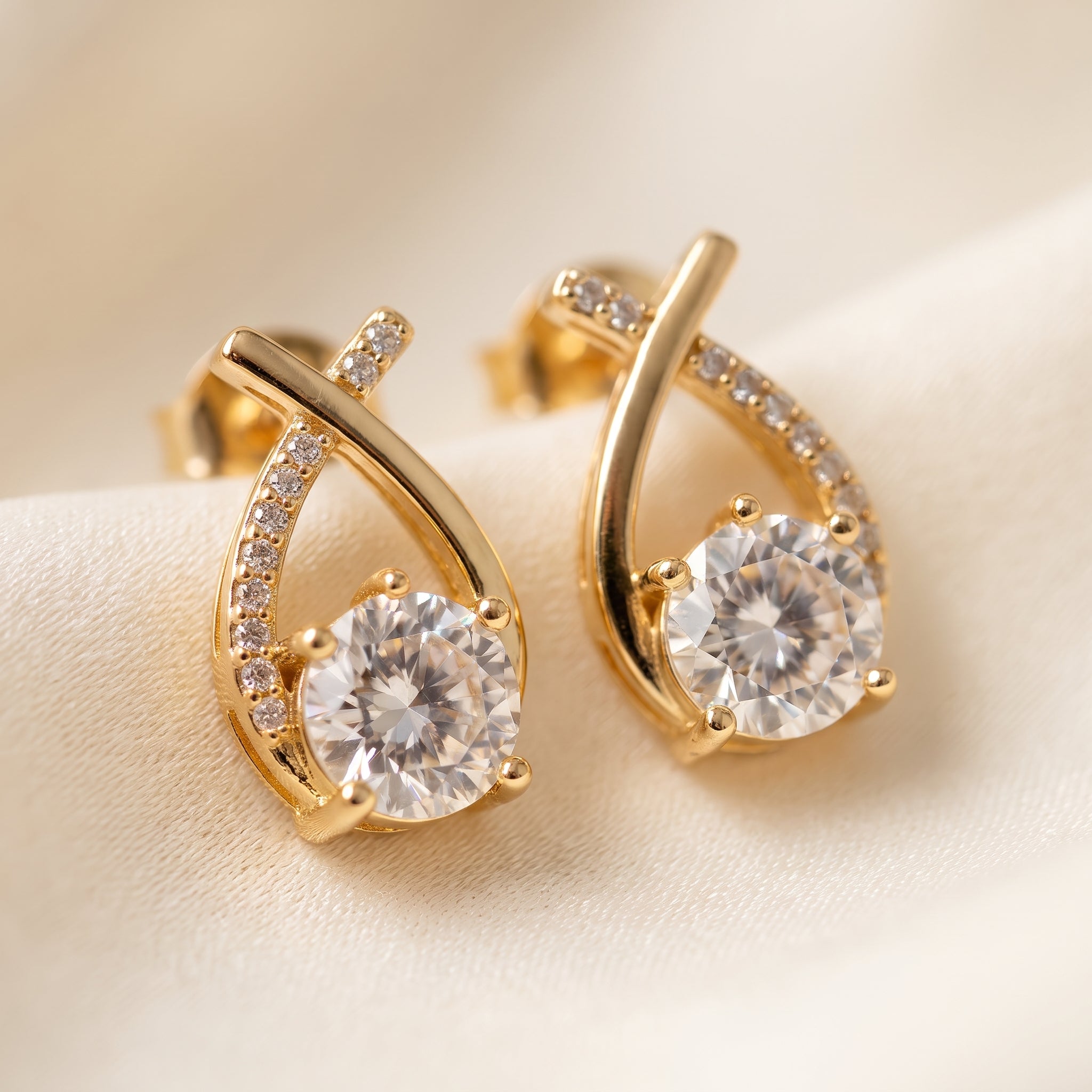 Gold-Tone Teardrop Stud Earrings | Solitaire CZ Ribbon Loop Statement Earrings for Women