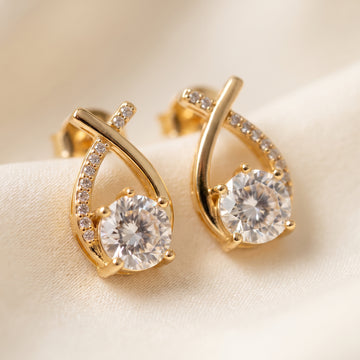 Gold-Tone Teardrop Stud Earrings | Solitaire CZ Ribbon Loop Statement Earrings for Women
