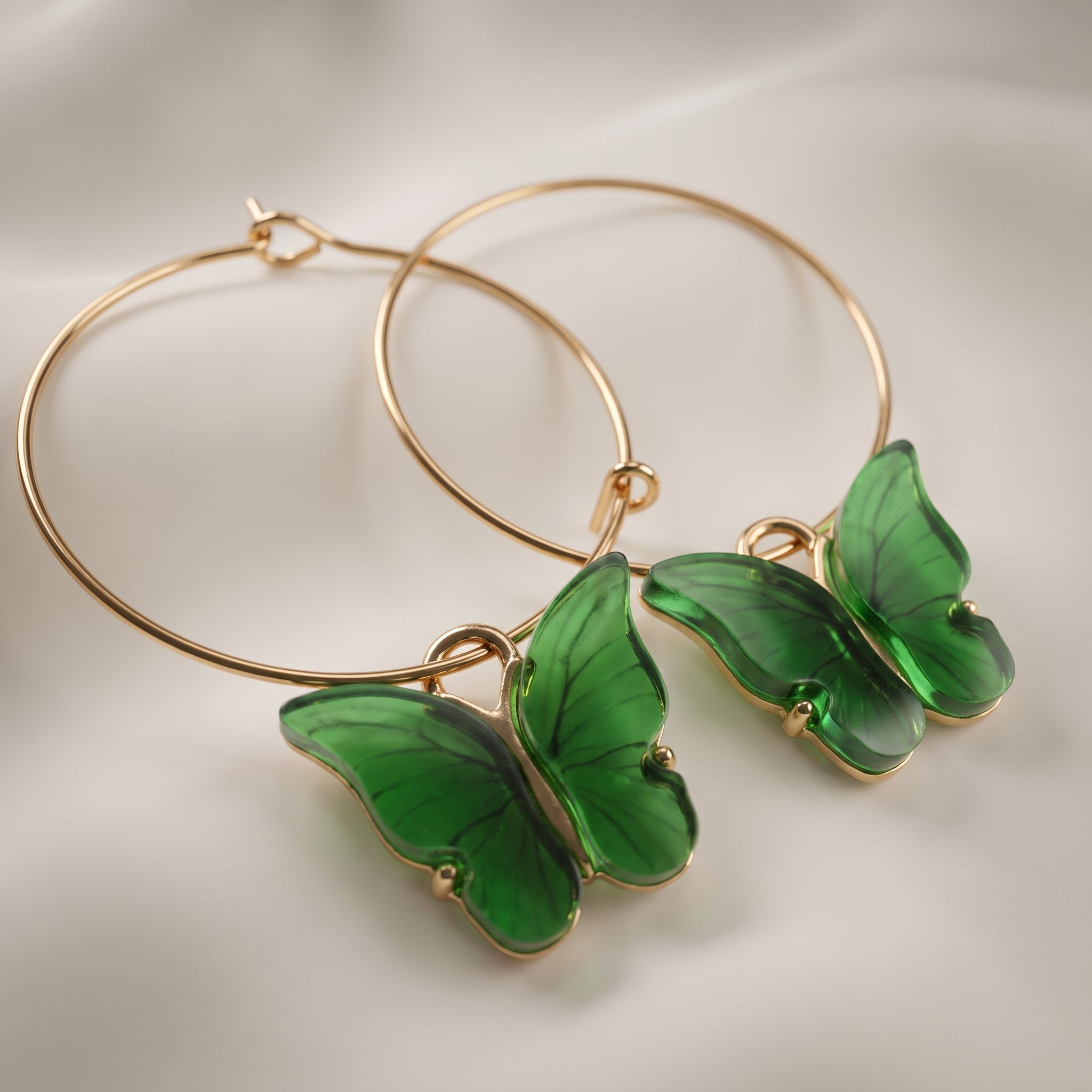 Charming Gold-Tone Hoop Earrings with Translucent Green Butterfly Charms | Nature-Inspired Dangle Earrings for Women