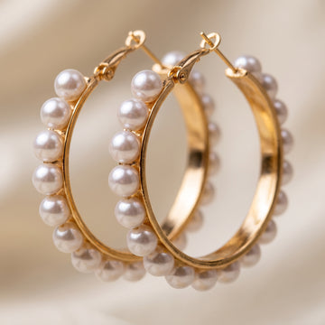 Gold-Tone Pearl Hoop Earrings | Vintage Faux Pearl Embellished Circle Earrings for Women