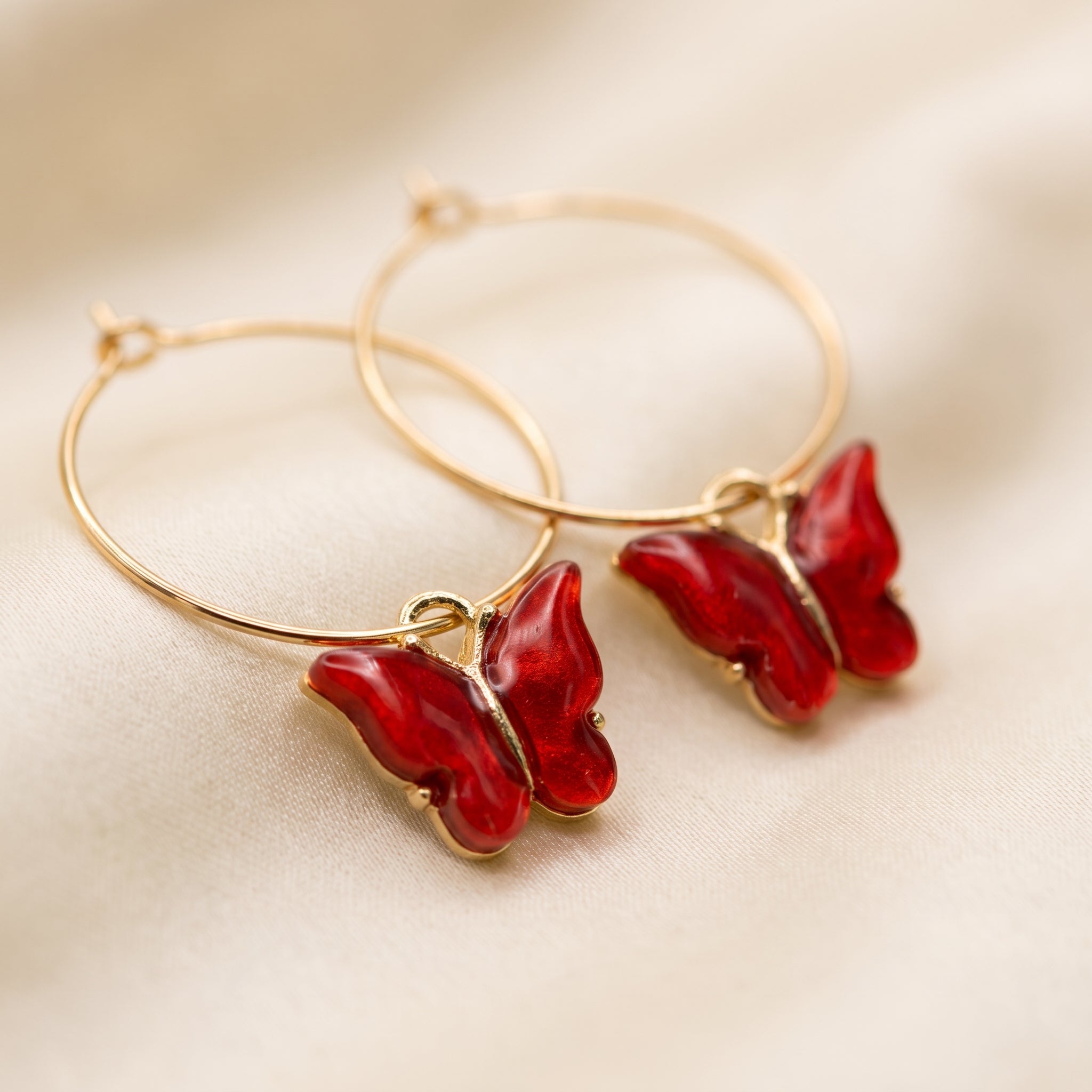 Charming Gold-Tone Hoop Earrings with Translucent Green Butterfly Charms | Nature-Inspired Dangle Earrings for Women