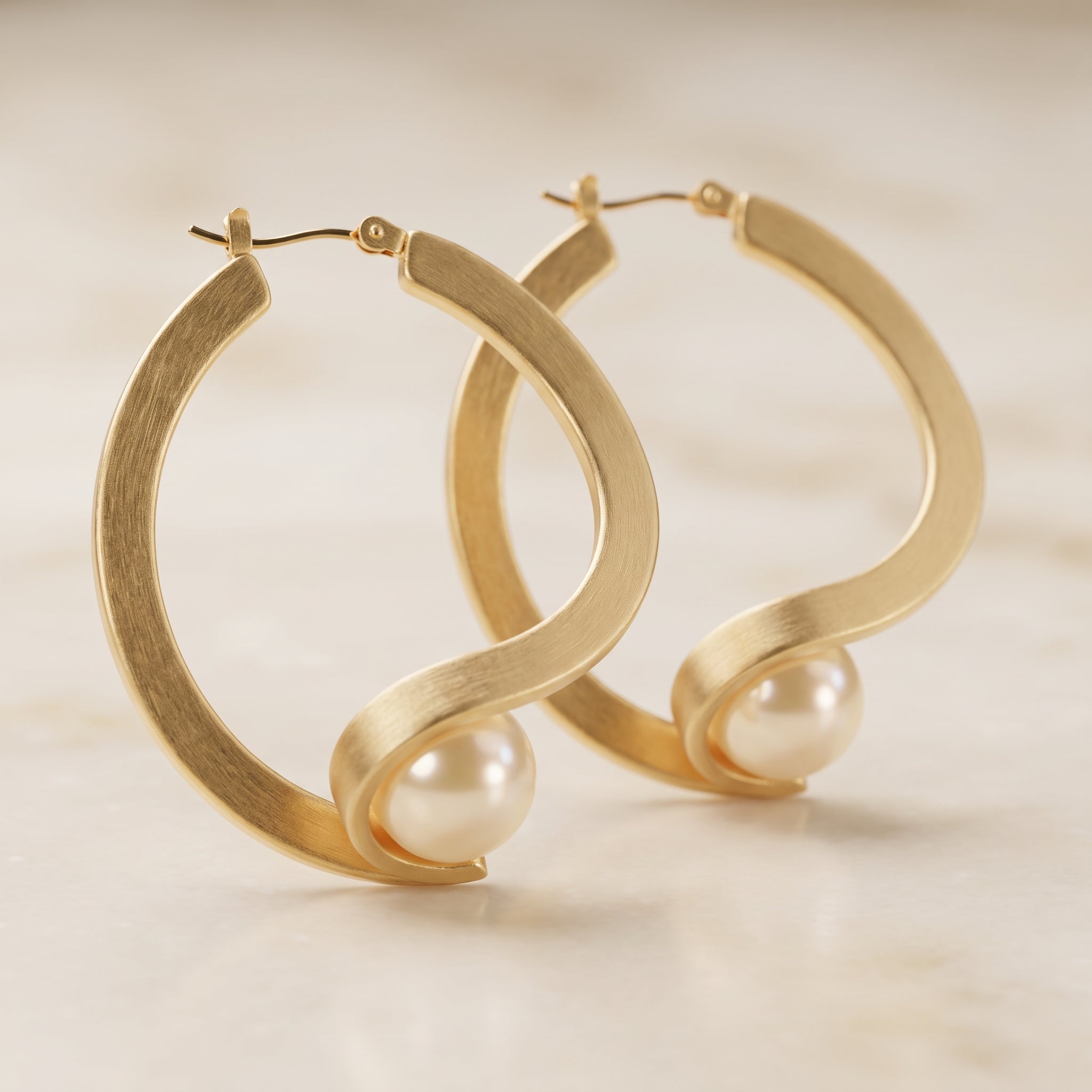 Matte Gold Curved Hoop Earrings with Faux Pearl | Sculptural Wave Statement Earrings for Women