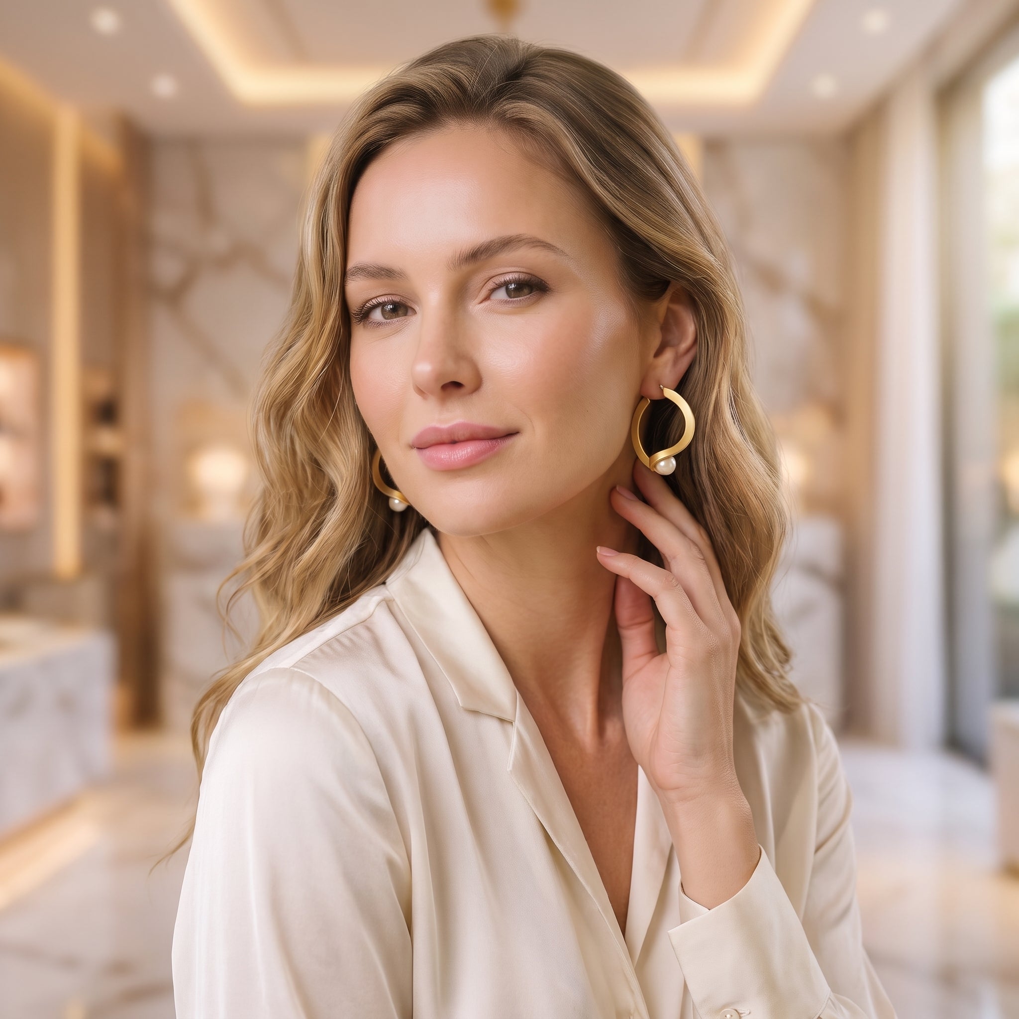Matte Gold Curved Hoop Earrings with Faux Pearl | Sculptural Wave Statement Earrings for Women