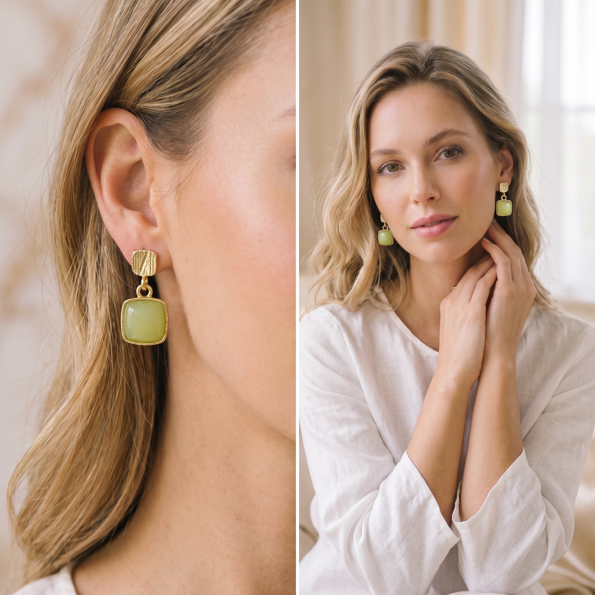 Green Square Stone Drop Earrings for Women | Artificial Earrings