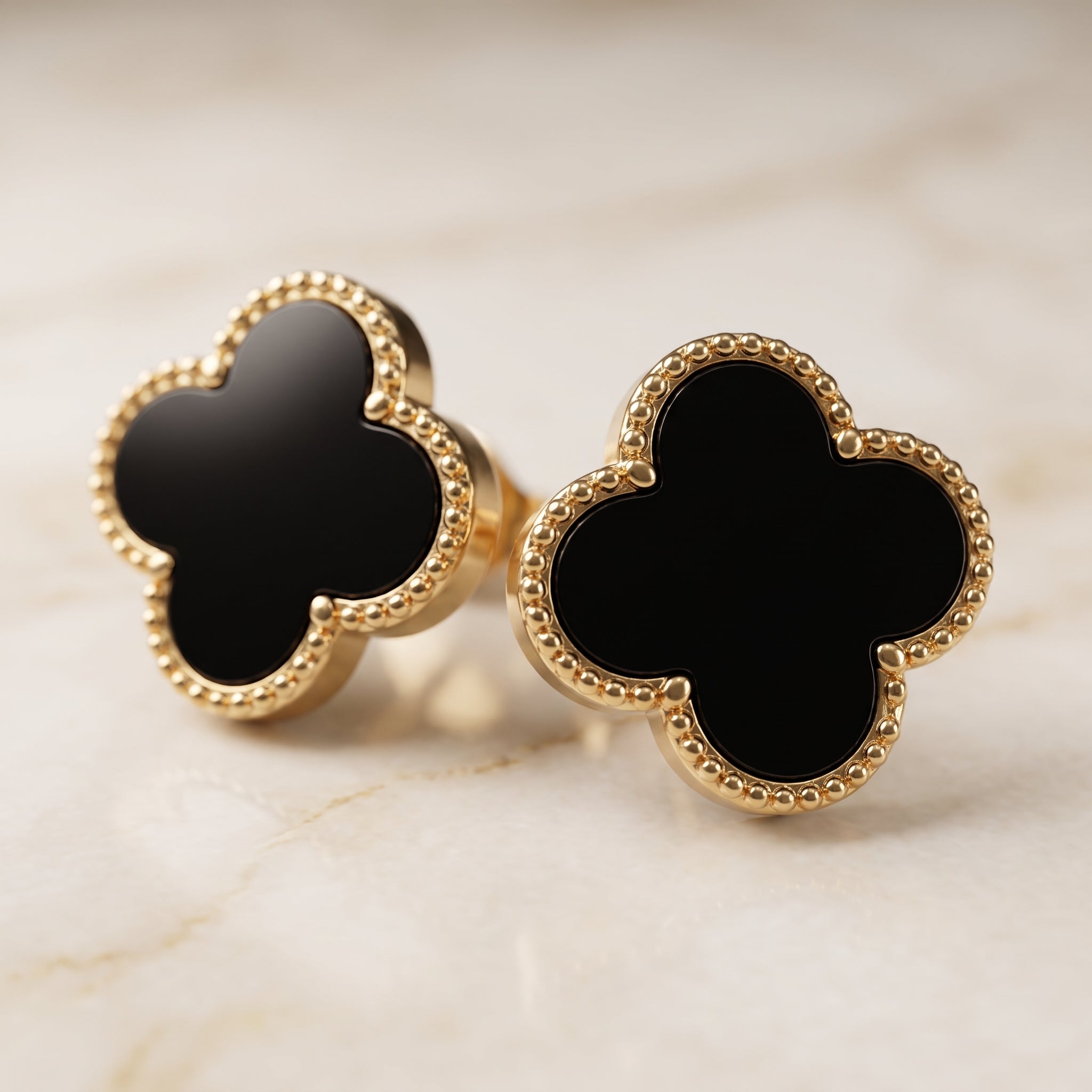 Classic Gold-Tone Black Clover Stud Earrings | Four-Leaf Floral Motif Statement Earrings for Women