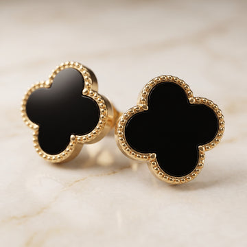 Classic Gold-Tone Black Clover Stud Earrings | Four-Leaf Floral Motif Statement Earrings for Women