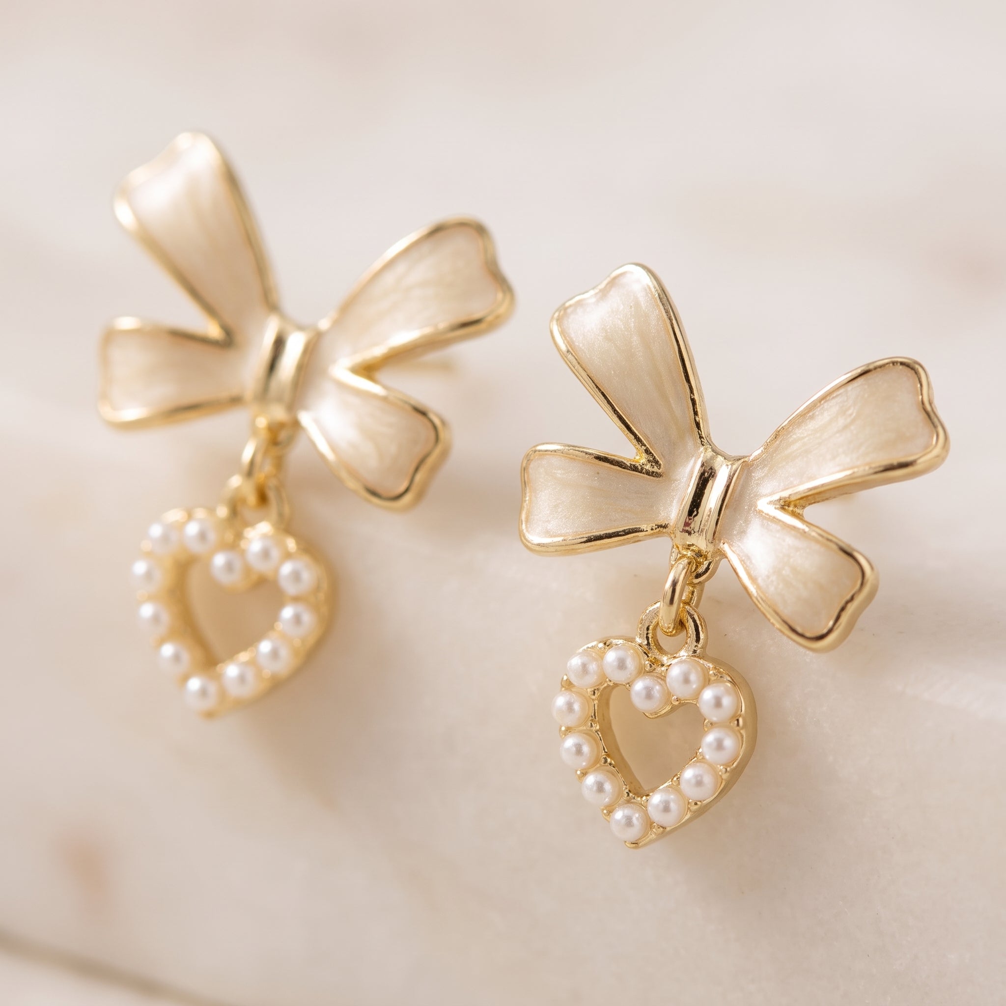 Gold Bow Heart Pearl Stud Earrings for Women | Artificial Fashion Jewelry