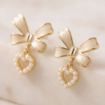 Gold Bow Heart Pearl Stud Earrings for Women | Artificial Fashion Jewelry