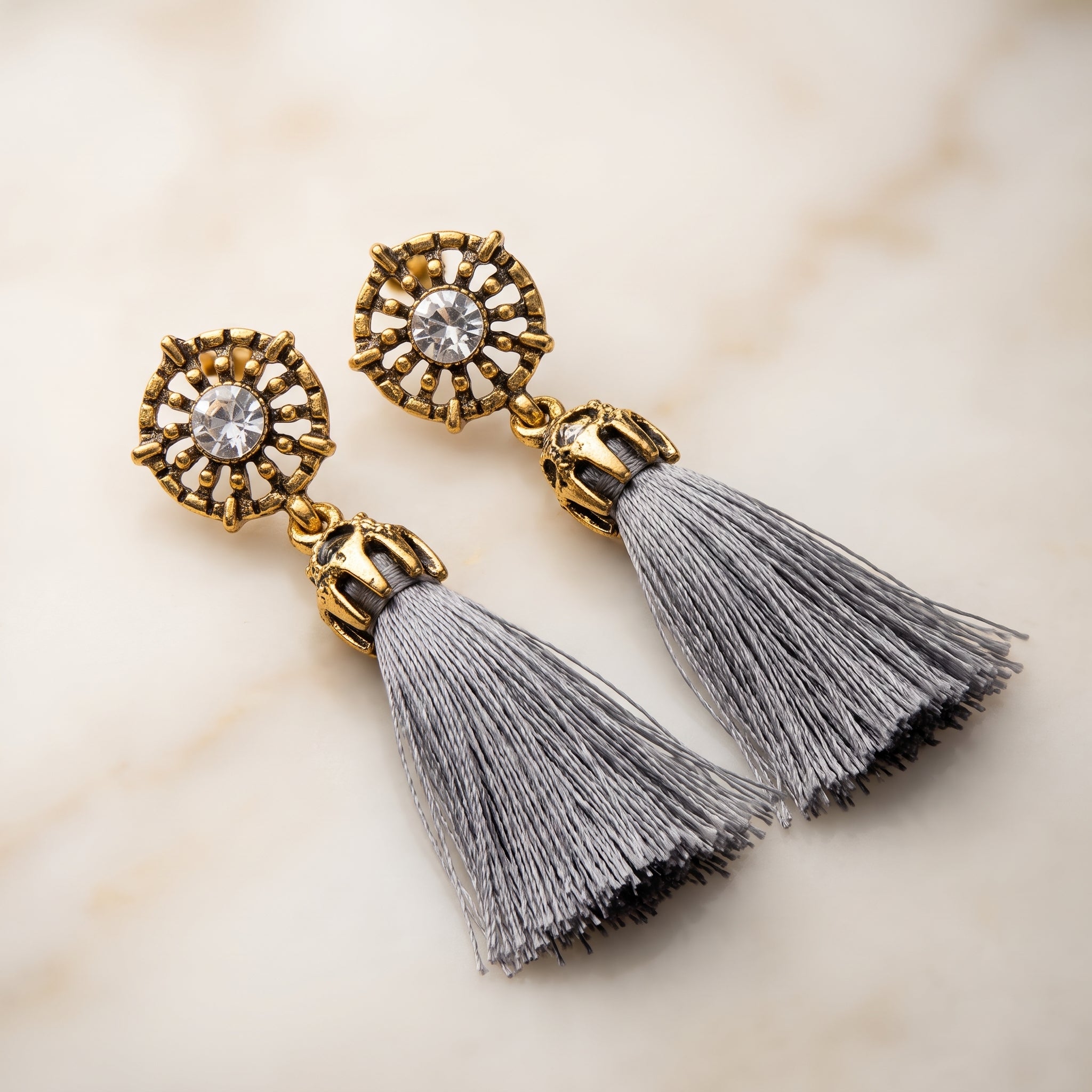 Grey Tassel Drop Earrings with Crystal Stud | Stylish Women's Earrings