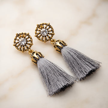 Grey Tassel Drop Earrings with Crystal Stud | Stylish Women's Earrings
