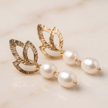 Leaf Design Pearl Drop Earrings | Elegant Women's Earrings