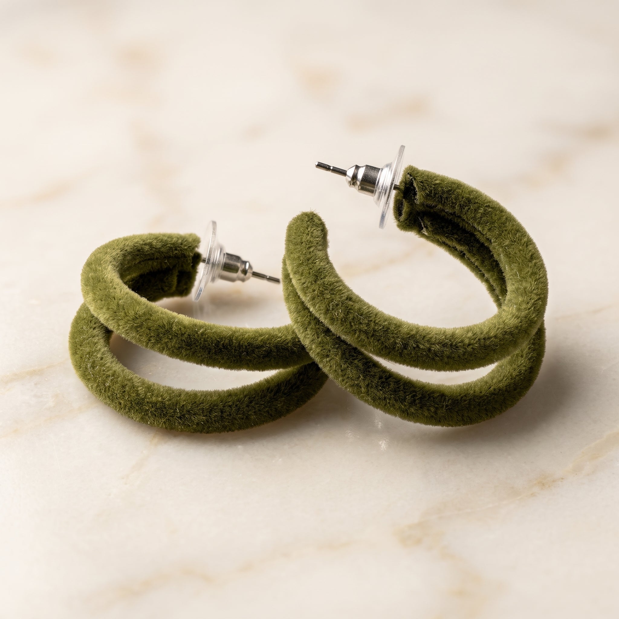 Olive Green Velvet Double Hoop Earrings – Trendy Soft-Touch Statement Studs for Women
