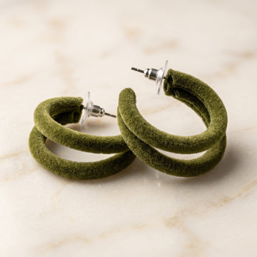 Olive Green Velvet Double Hoop Earrings – Trendy Soft-Touch Statement Studs for Women