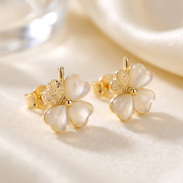 Elegant Four Leaf Clover Stud Earrings | Mother of Pearl Flower Earrings for Women | Lucky Jewelry Gift