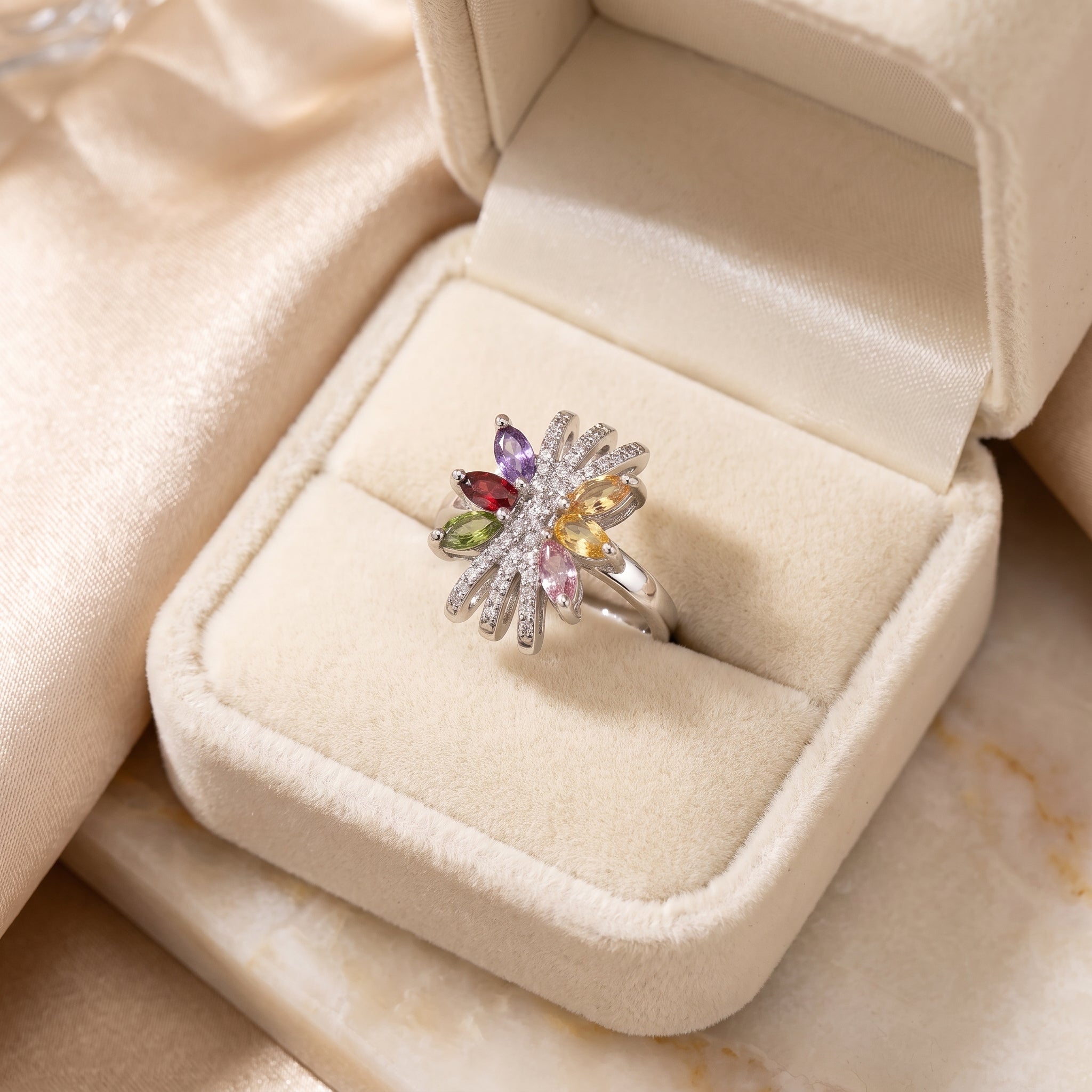 Multicolor Gemstone Flower Ring in Sterling Silver – Crystal Pavé Cocktail Ring