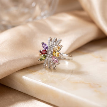 Multicolor Gemstone Flower Ring in Sterling Silver – Crystal Pavé Cocktail Ring