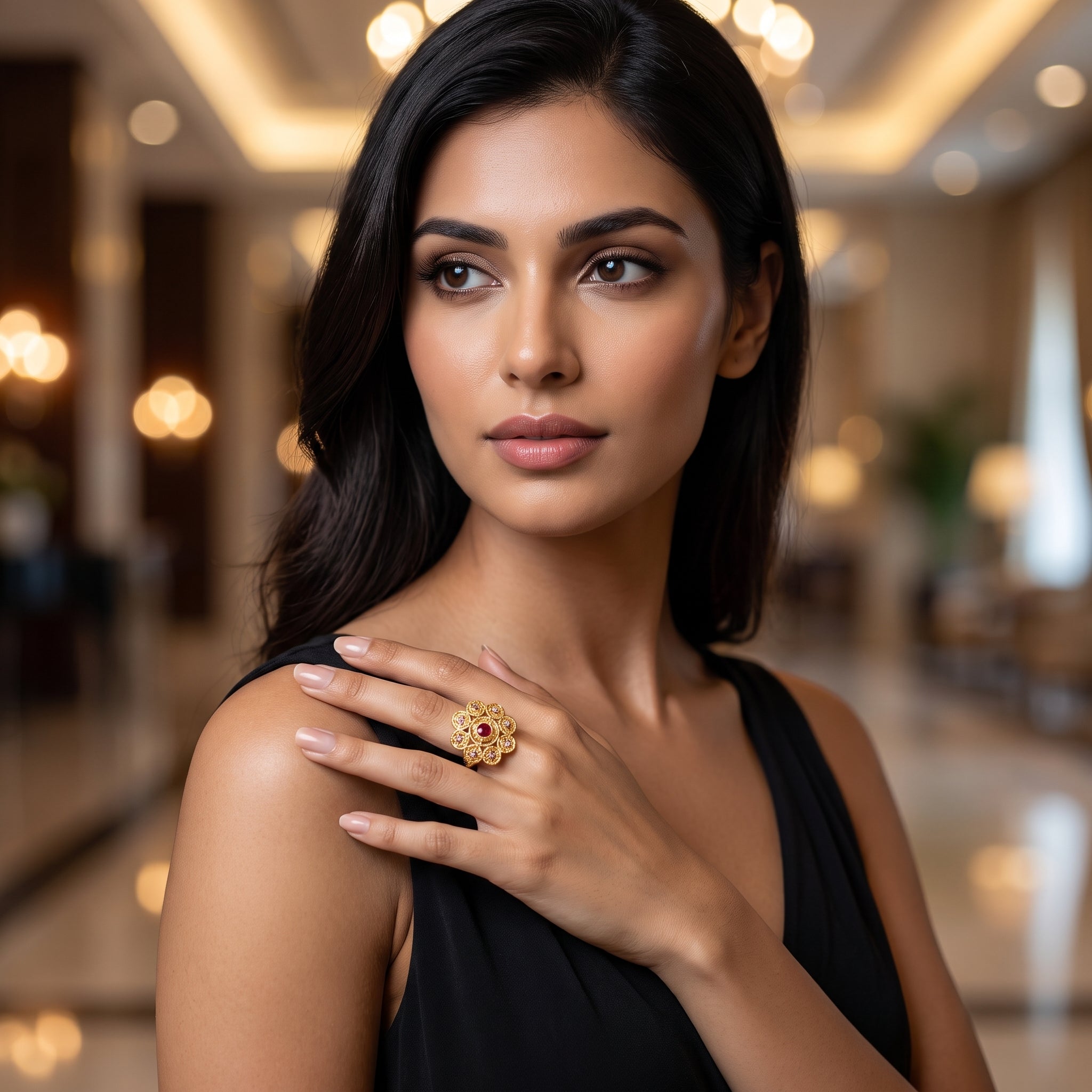 Artificial Gold Polish Floral Cocktail Ring – Kundan Style Ruby Red Center Ring
