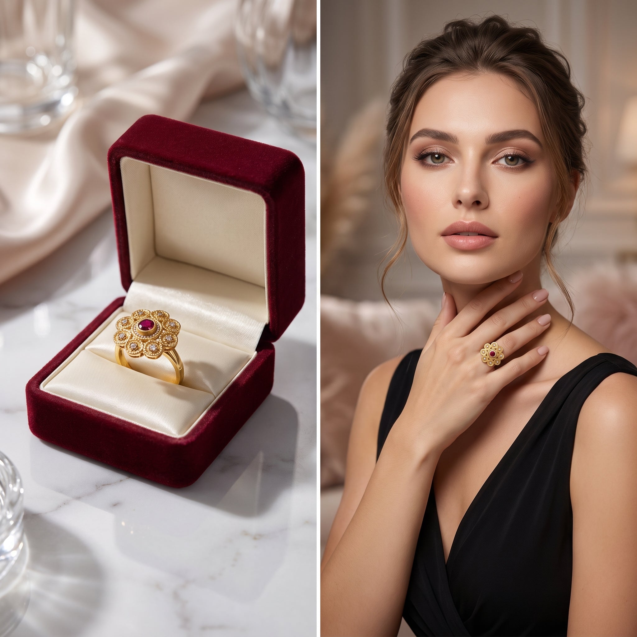 Artificial Gold Polish Floral Cocktail Ring – Kundan Style Ruby Red Center Ring