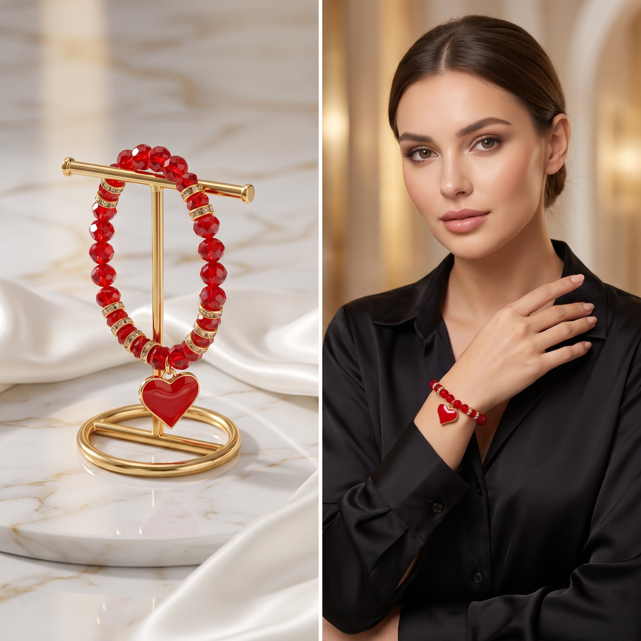 Red Crystal Beaded Charm Bracelet with Enamel Heart