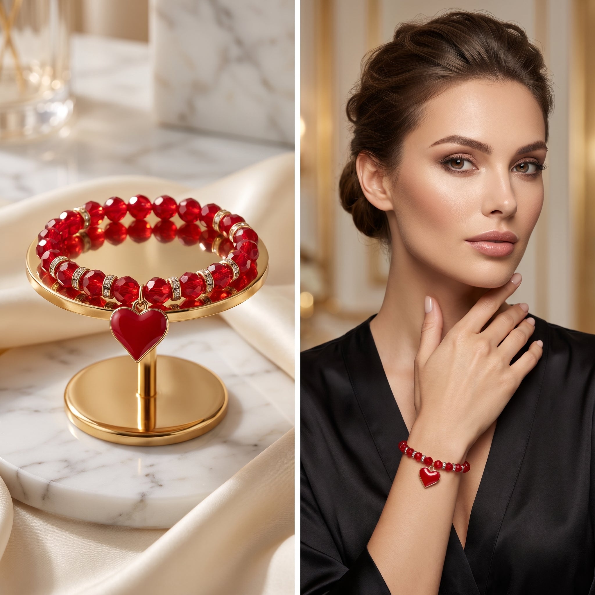Red Crystal Beaded Charm Bracelet with Enamel Heart