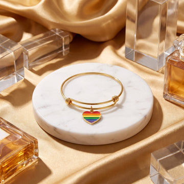 Gold Expandable Bangle with Rainbow Enamel Heart