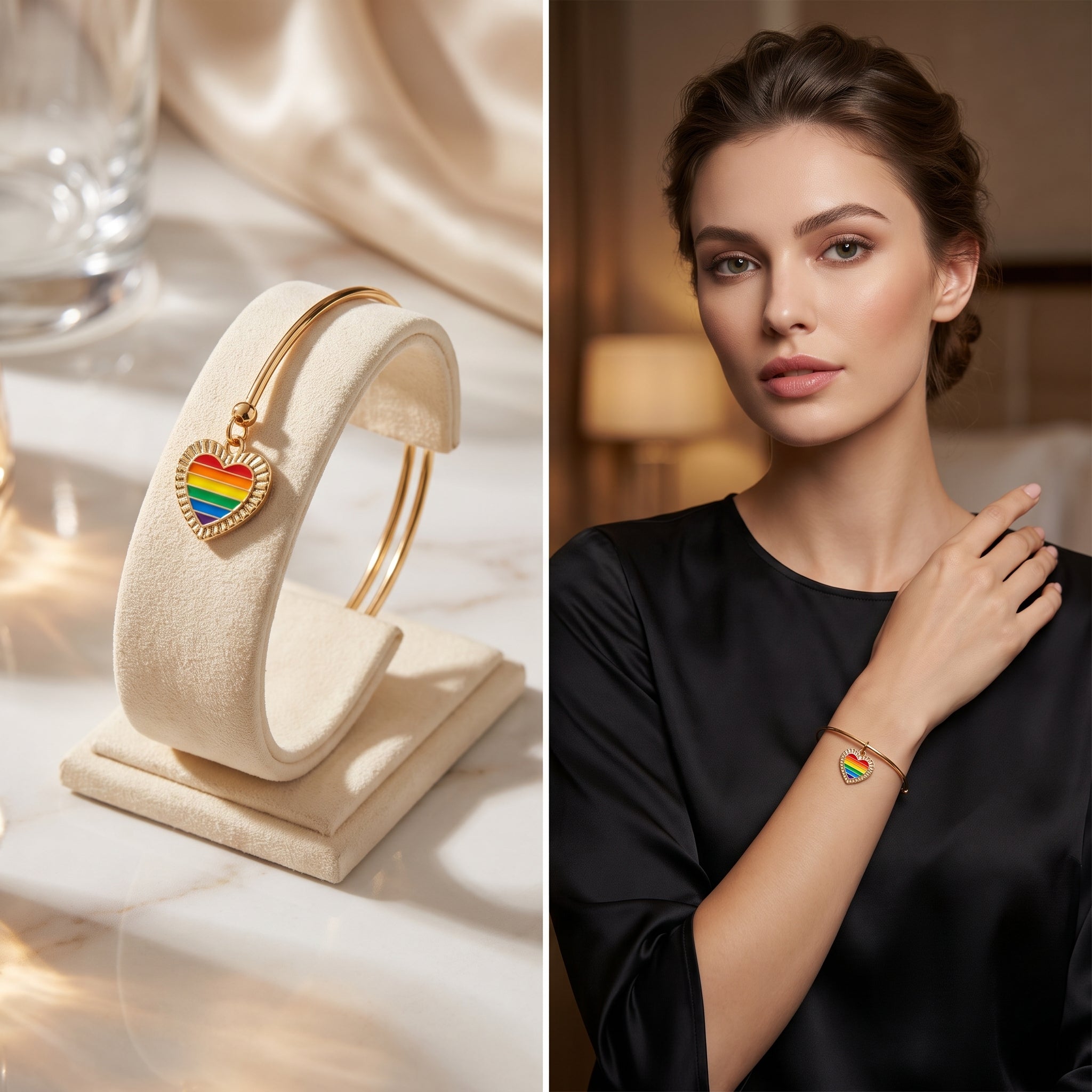 Gold Expandable Bangle with Rainbow Enamel Heart