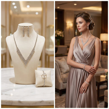 Silver-Tone Crystal V-Shape Bridal Jewelry Set | Sparkly CZ Necklace, Dangle Earrings, Bracelet & Ring Set for Women