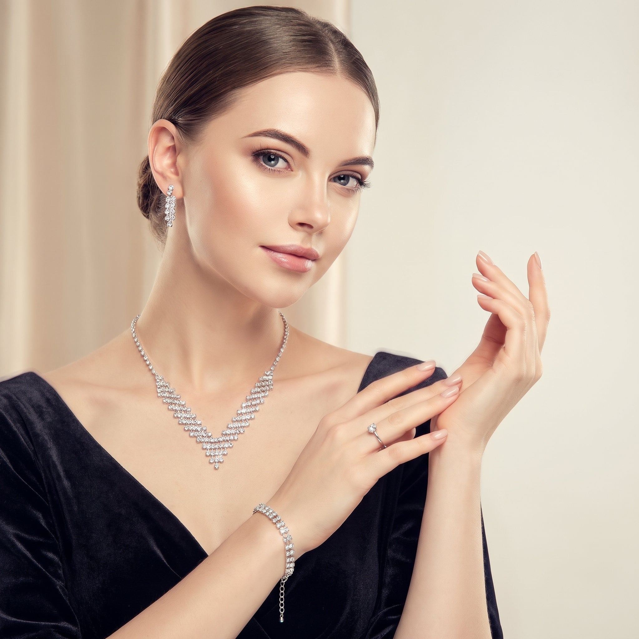 Silver-Tone Crystal V-Shape Bridal Jewelry Set | Sparkly CZ Necklace, Dangle Earrings, Bracelet & Ring Set for Women