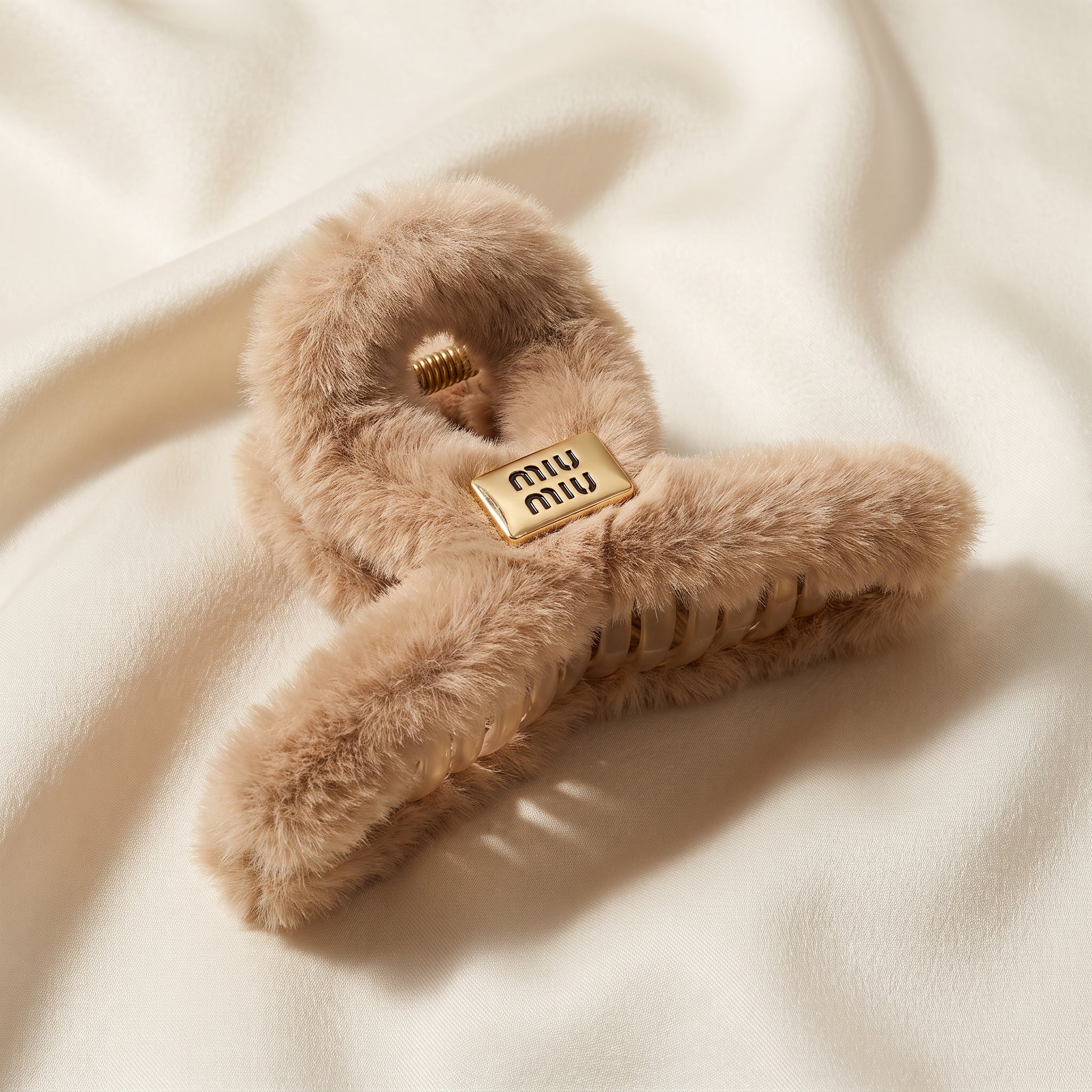 Plush Camel Faux Fur Hair Claw Clip with Designer-Inspired Gold-Tone Plaque