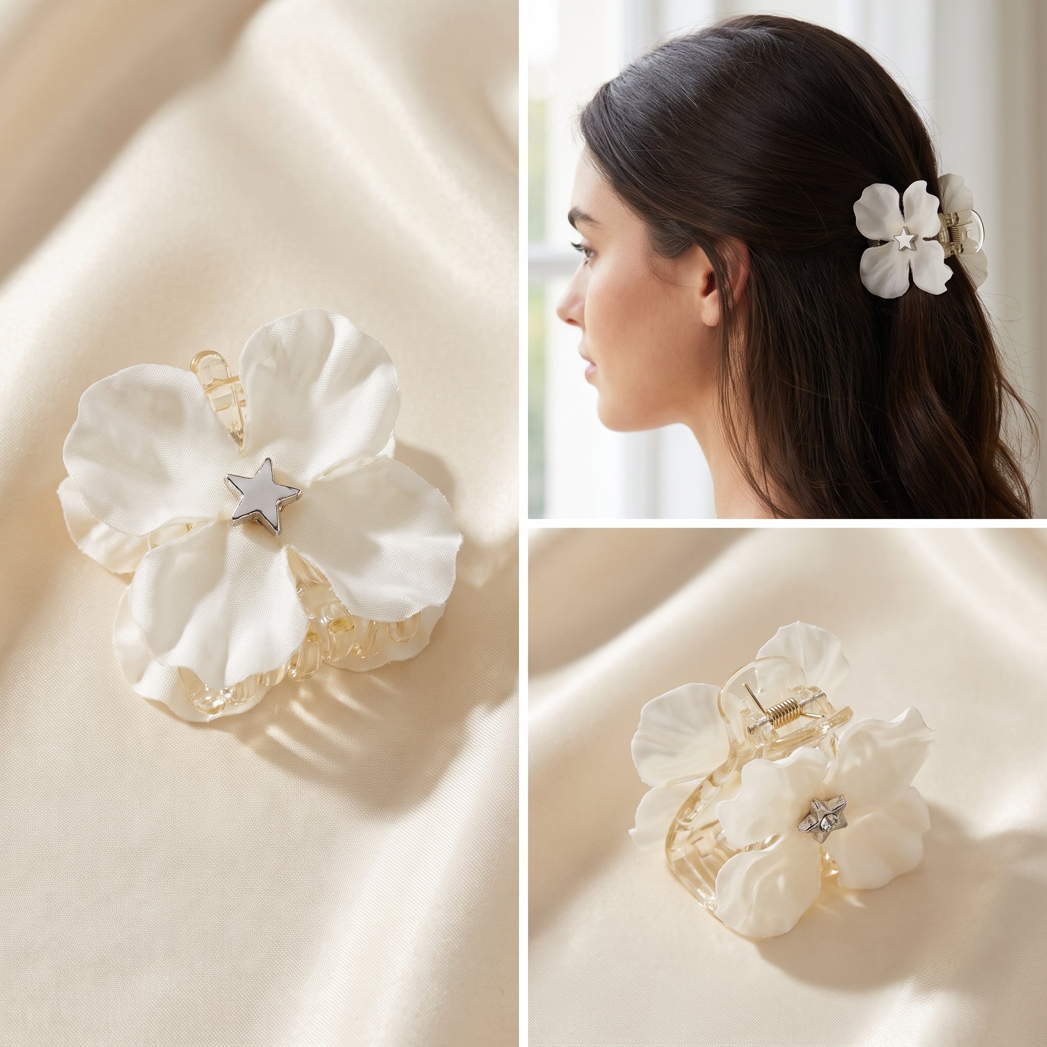 White Flower Hair Catcher Set with Rhinestone Star Center