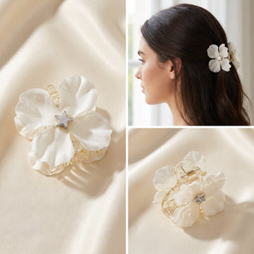 White Flower Hair Catcher Set with Rhinestone Star Center