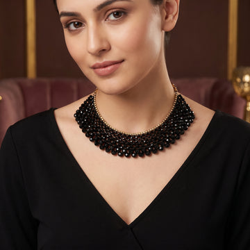 Multi-Strand Black Beaded Bib Necklace | Gold-Tone Accent Crystal Statement Choker for Women