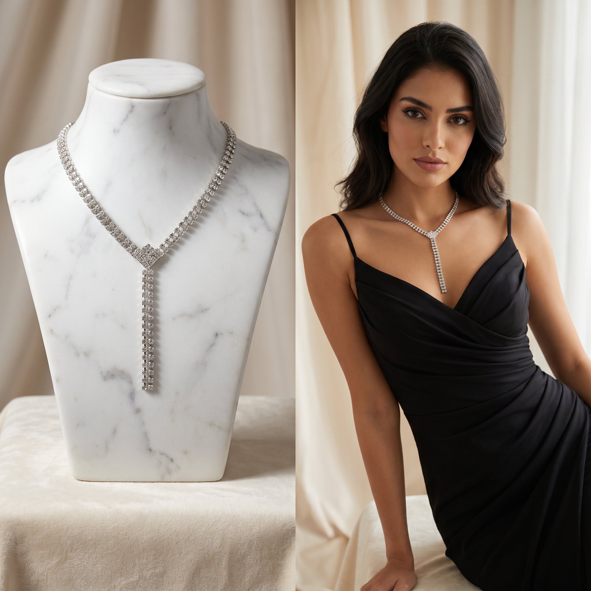 Elegant Gold-Tone Y-Necklace with Cascading Crystals | Sparkly Tennis Lariat Necklace for Women