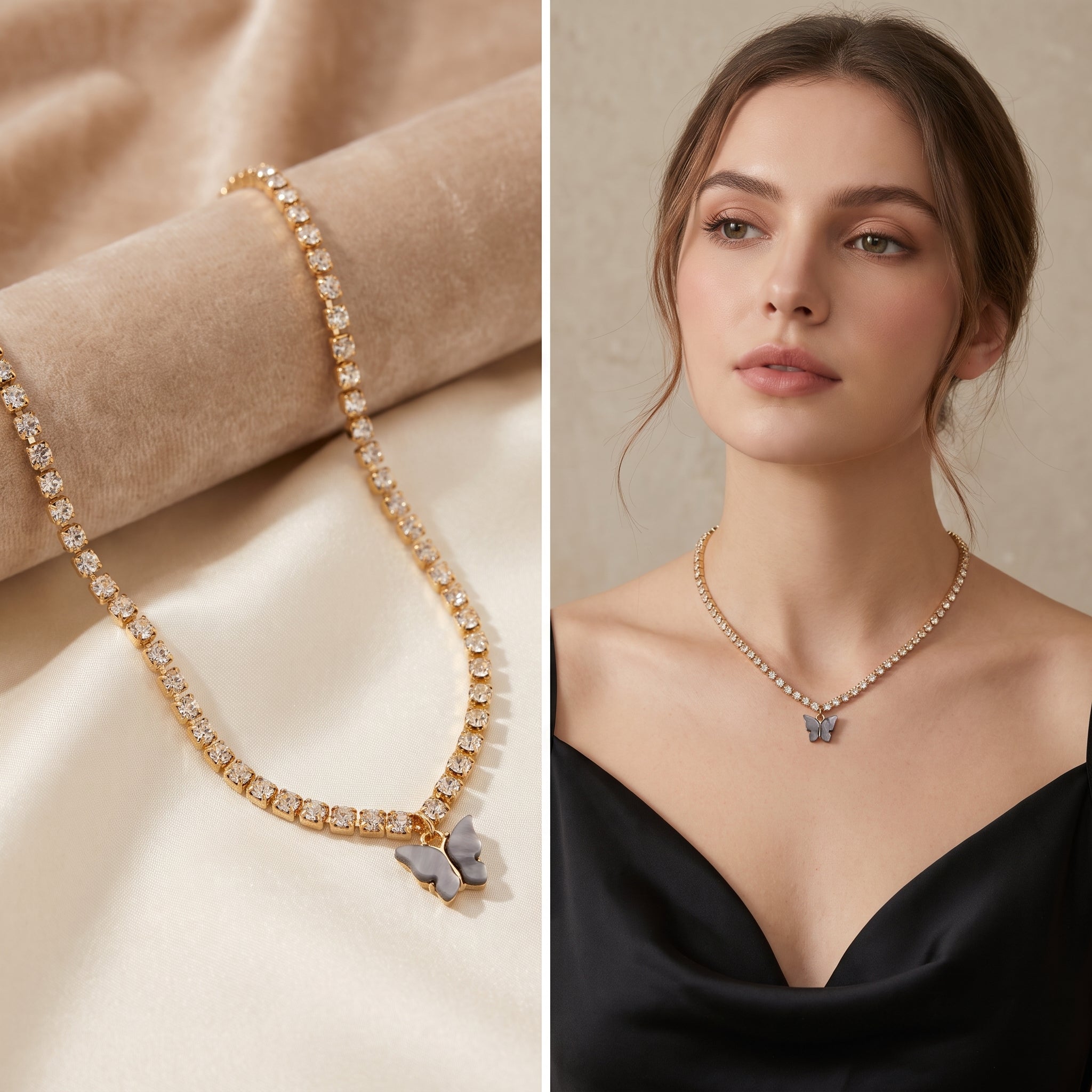 Gold-Tone Crystal Tennis Chain Necklace with Smokey Grey Butterfly Pendant | Trendy Y2K Statement Choker for Women
