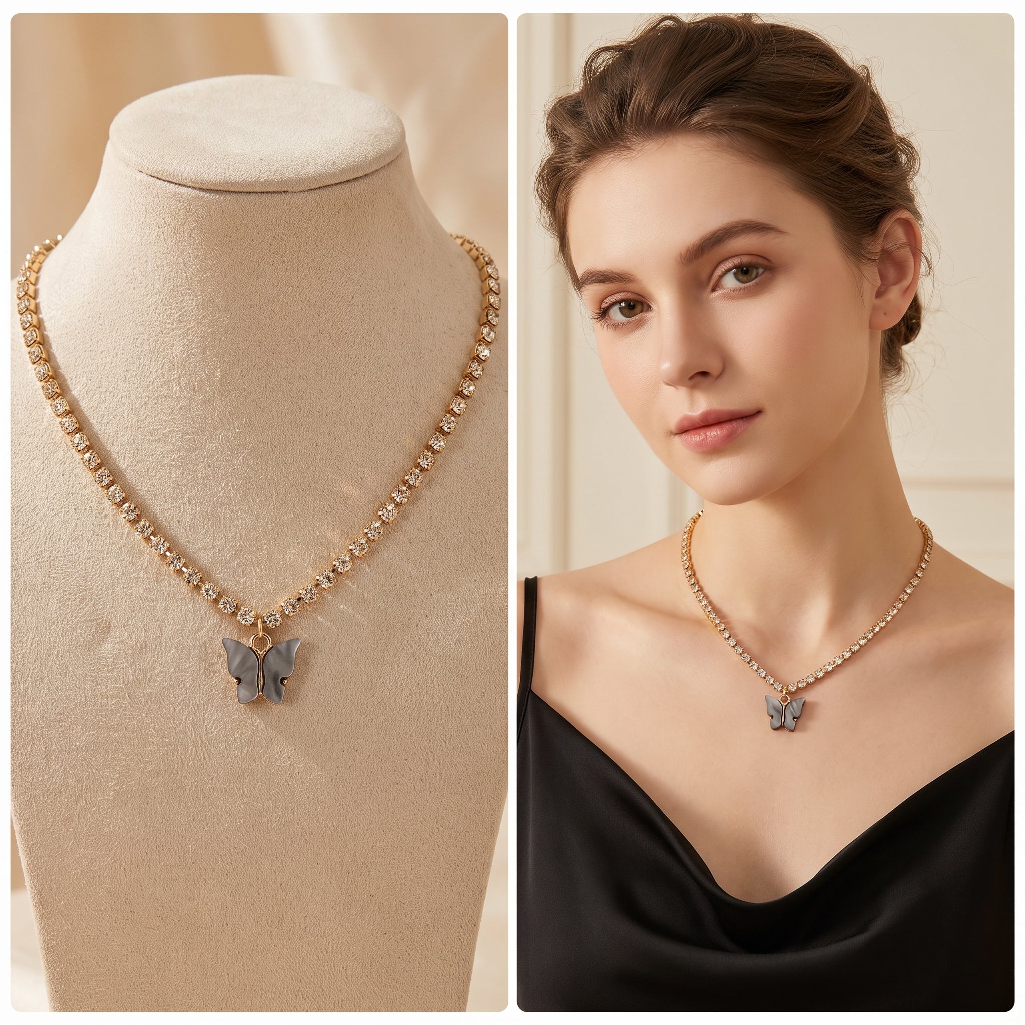 Gold-Tone Crystal Tennis Chain Necklace with Smokey Grey Butterfly Pendant | Trendy Y2K Statement Choker for Women