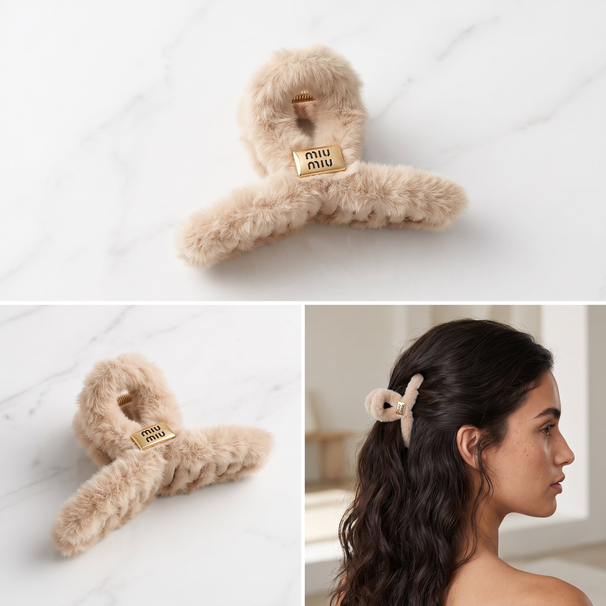 Plush Camel Faux Fur Hair Claw Clip with Designer-Inspired Gold-Tone Plaque