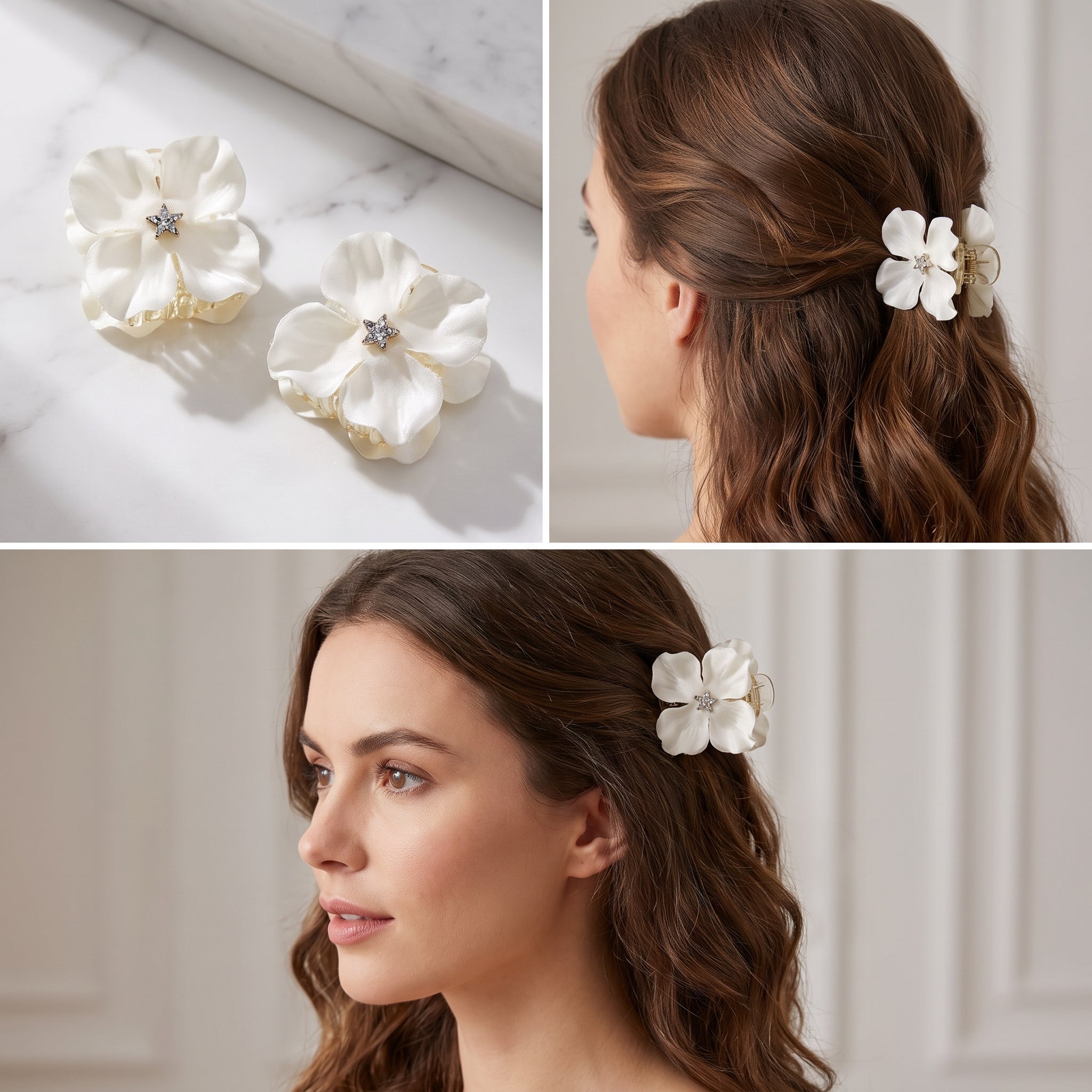 White Flower Hair Catcher Set with Rhinestone Star Center