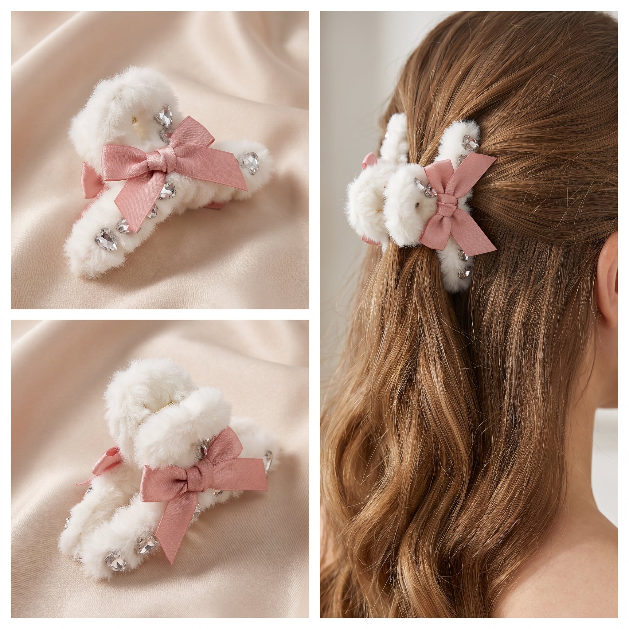 Fur Hair Claw Clip with Pink Satin Bow & Teardrop Rhinestones