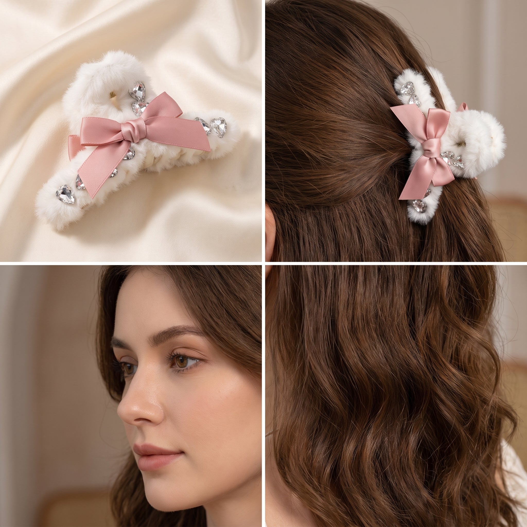 Fur Hair Claw Clip with Pink Satin Bow & Teardrop Rhinestones