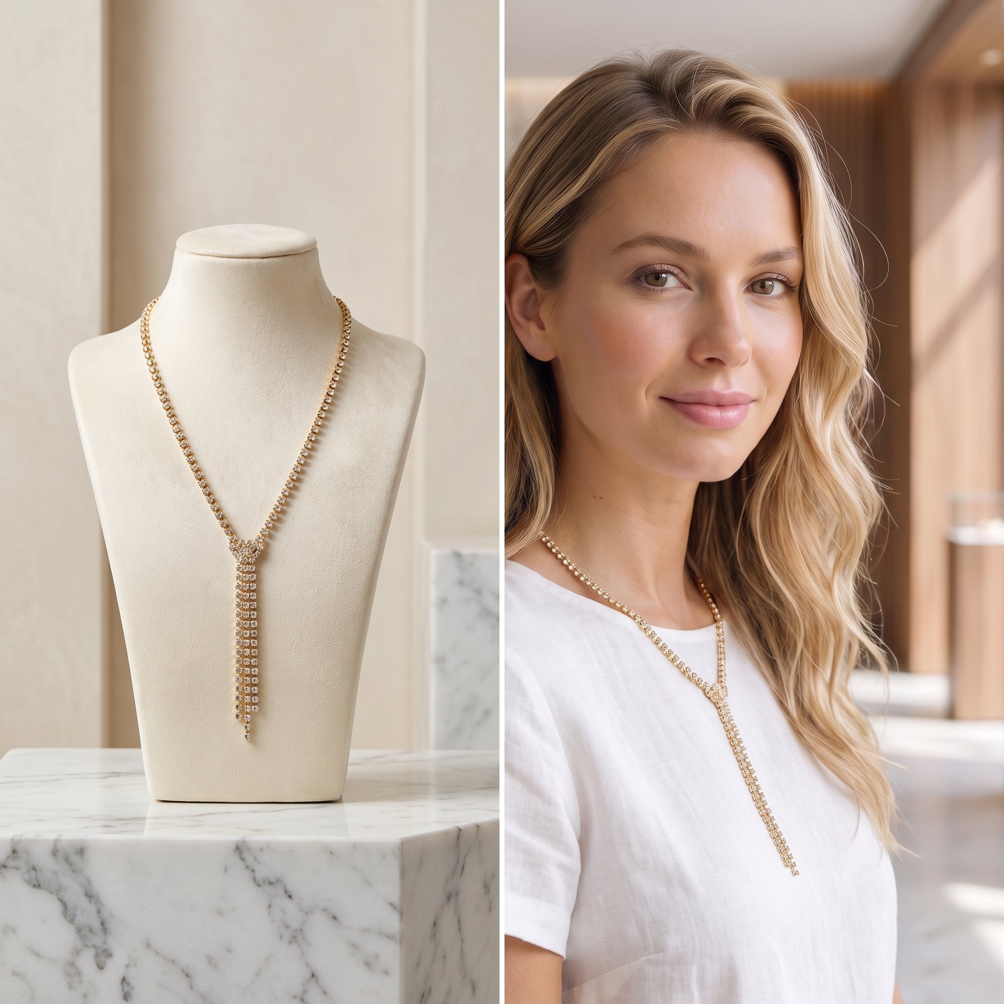 Elegant Gold-Tone Y-Necklace with Cascading Crystals | Sparkly Tennis Lariat Necklace for Women