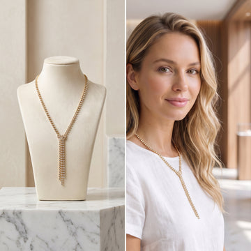 Elegant Gold-Tone Y-Necklace with Cascading Crystals | Sparkly Tennis Lariat Necklace for Women
