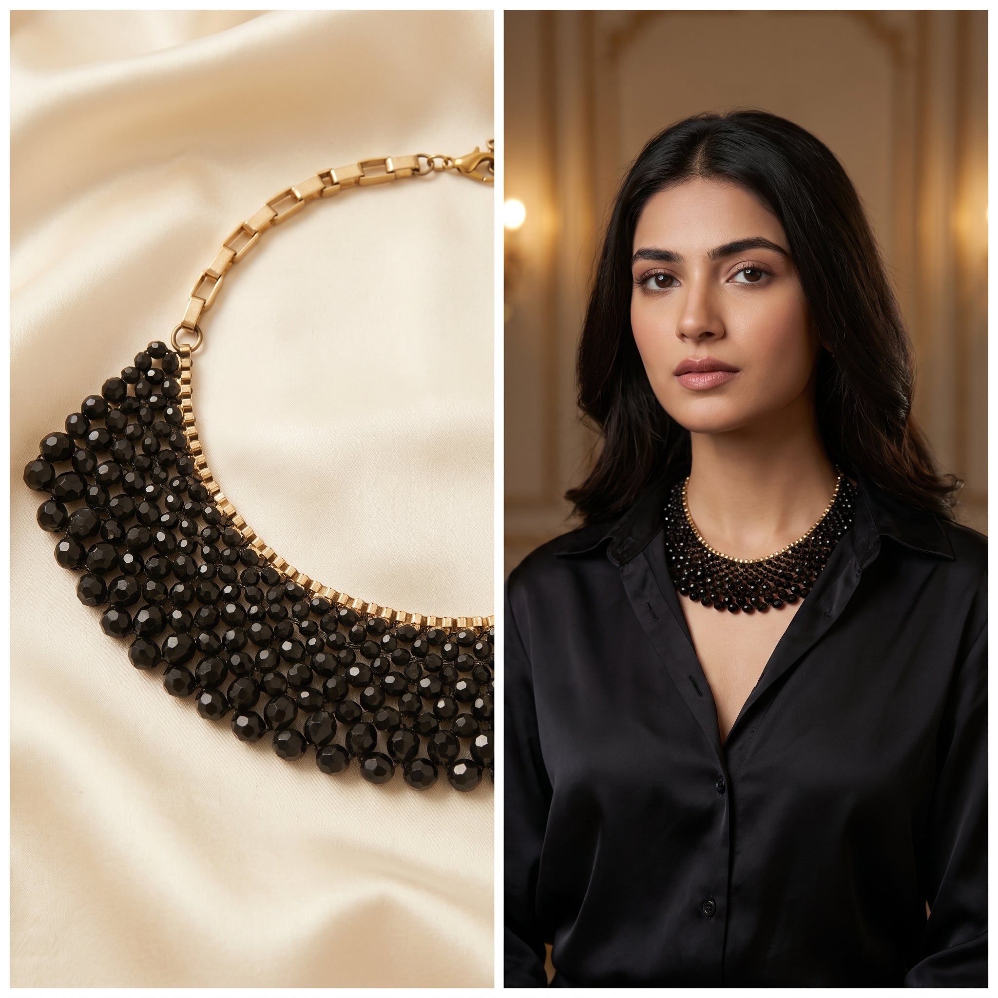 Multi-Strand Black Beaded Bib Necklace | Gold-Tone Accent Crystal Statement Choker for Women