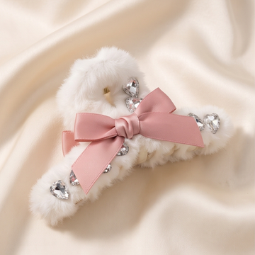 Fur Hair Claw Clip with Pink Satin Bow & Teardrop Rhinestones