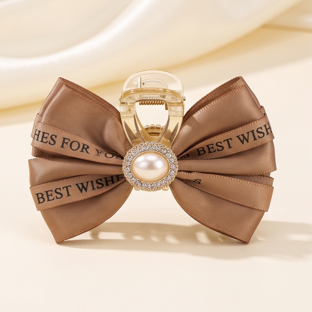 Brown Ribbon Bow Hair Claw Clip with Pearl & Rhinestone Center
