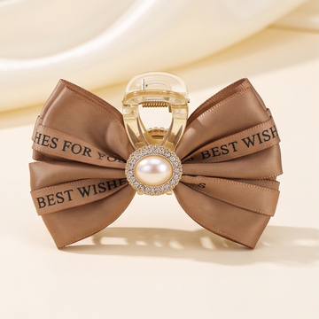 Brown Ribbon Bow Hair Claw Clip with Pearl & Rhinestone Center