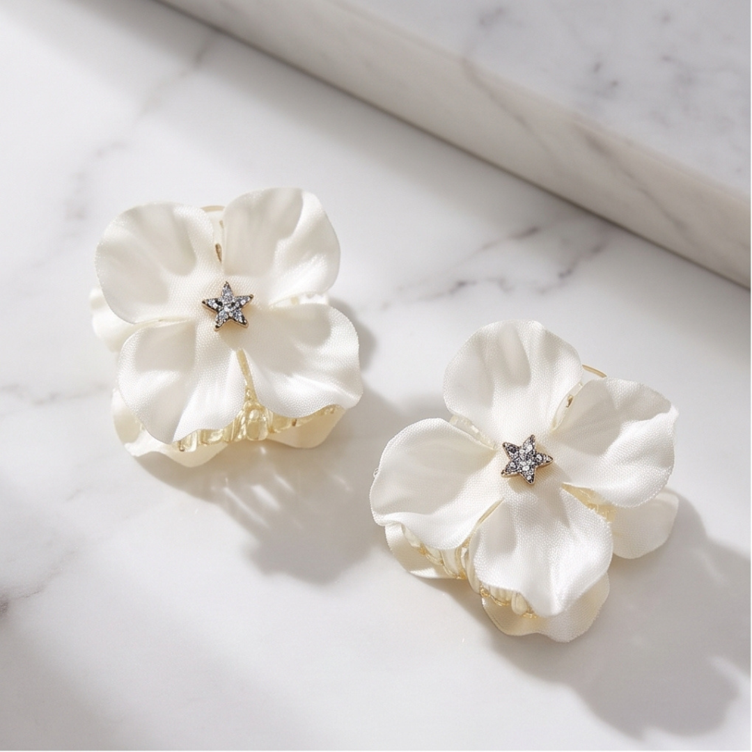 White Flower Hair Catcher Set with Rhinestone Star Center
