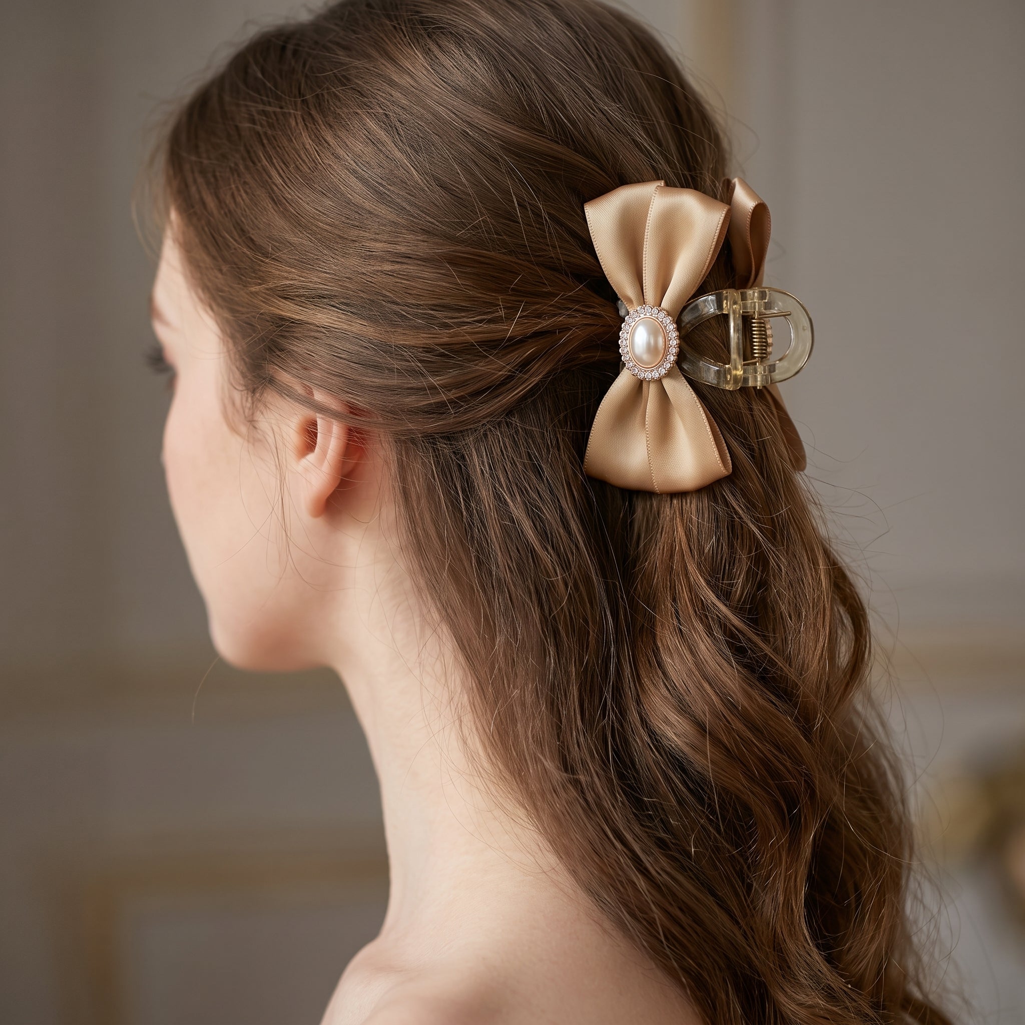 Brown Ribbon Bow Hair Claw Clip with Pearl & Rhinestone Center